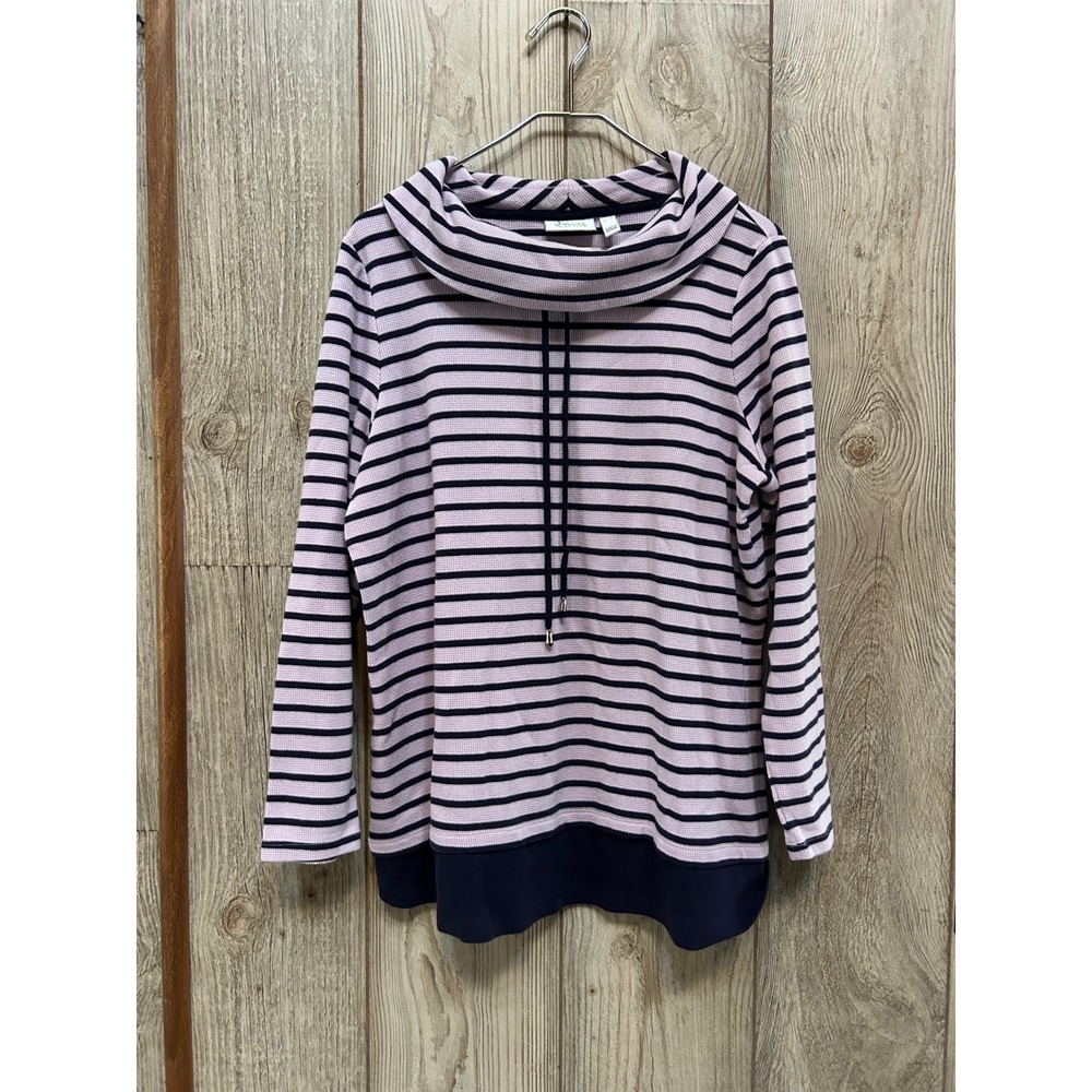 Denim & Co Active Womens XL Waffle Knit Cowl Neck Striped Pullover Pink Navy